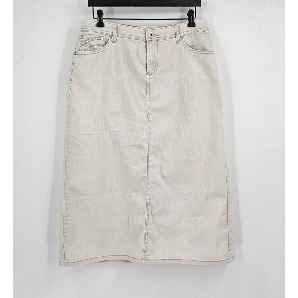 Christopher & Banks Womens Sz 12P Beige Denim Long Skirt Embellished Pockets